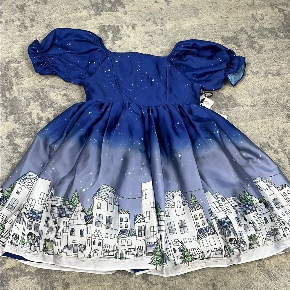 NWT Pippa & Julie Camilla Starry Night Whimsical Townscape Houses Dress Girls 5